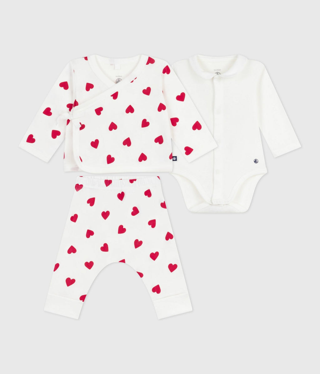 3-piece baby set with heart print wrap cardigan in cotton