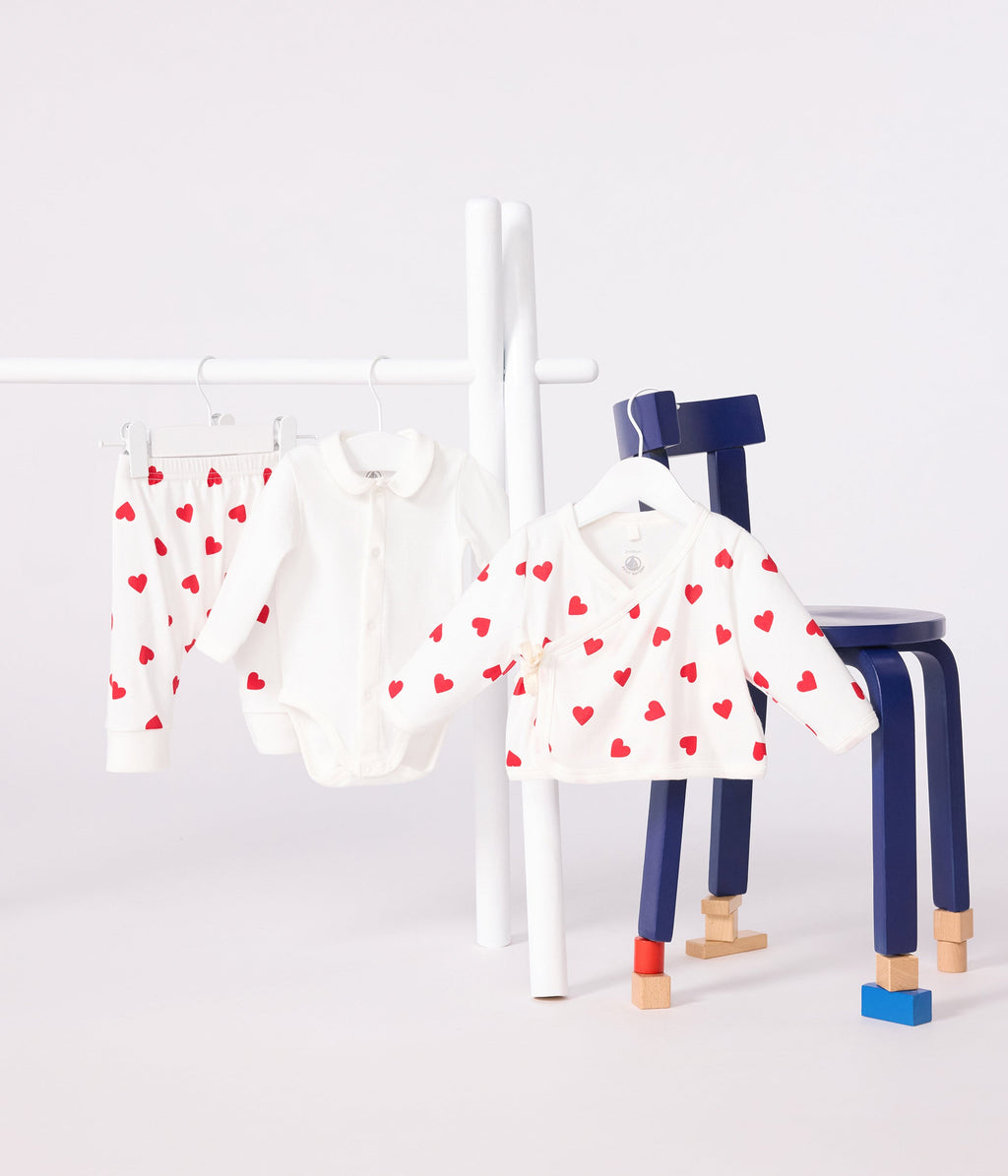 3-piece baby set with heart print wrap cardigan in cotton