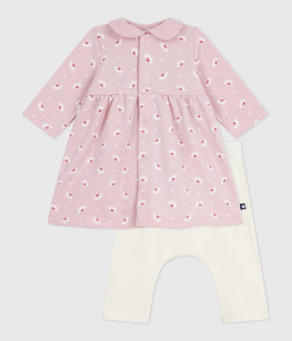Robe bébé à col imprimé fleurs et coeurs et legging en coton