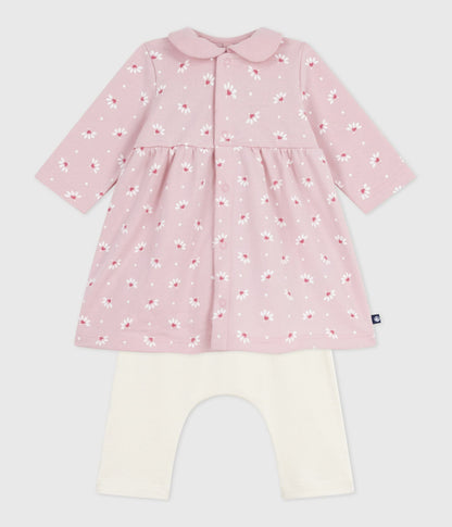 Robe bébé à col imprimé fleurs et coeurs et legging en coton
