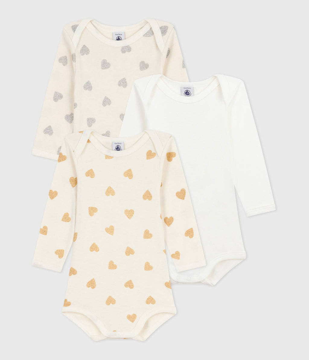 Lot de bodies manche longues en coton imprimé cœurs pailletés bébé