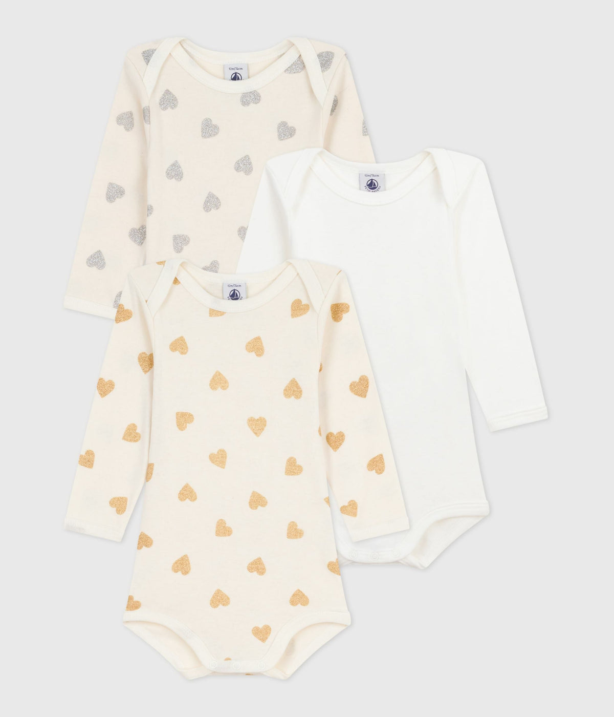 Lot de bodies manche longues en coton imprimé cœurs pailletés bébé