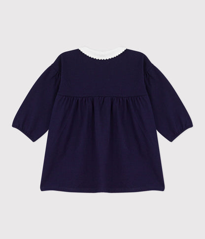 Robe bébé en coton manhces longues unie à col et détails brodés