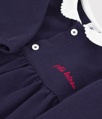 Robe bébé en coton manhces longues unie à col et détails brodés