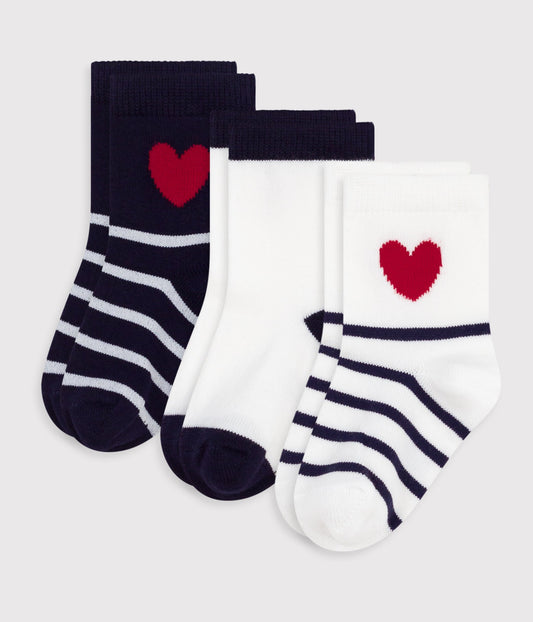 3 paires de chaussettes bébé en coton rayures et cœurs