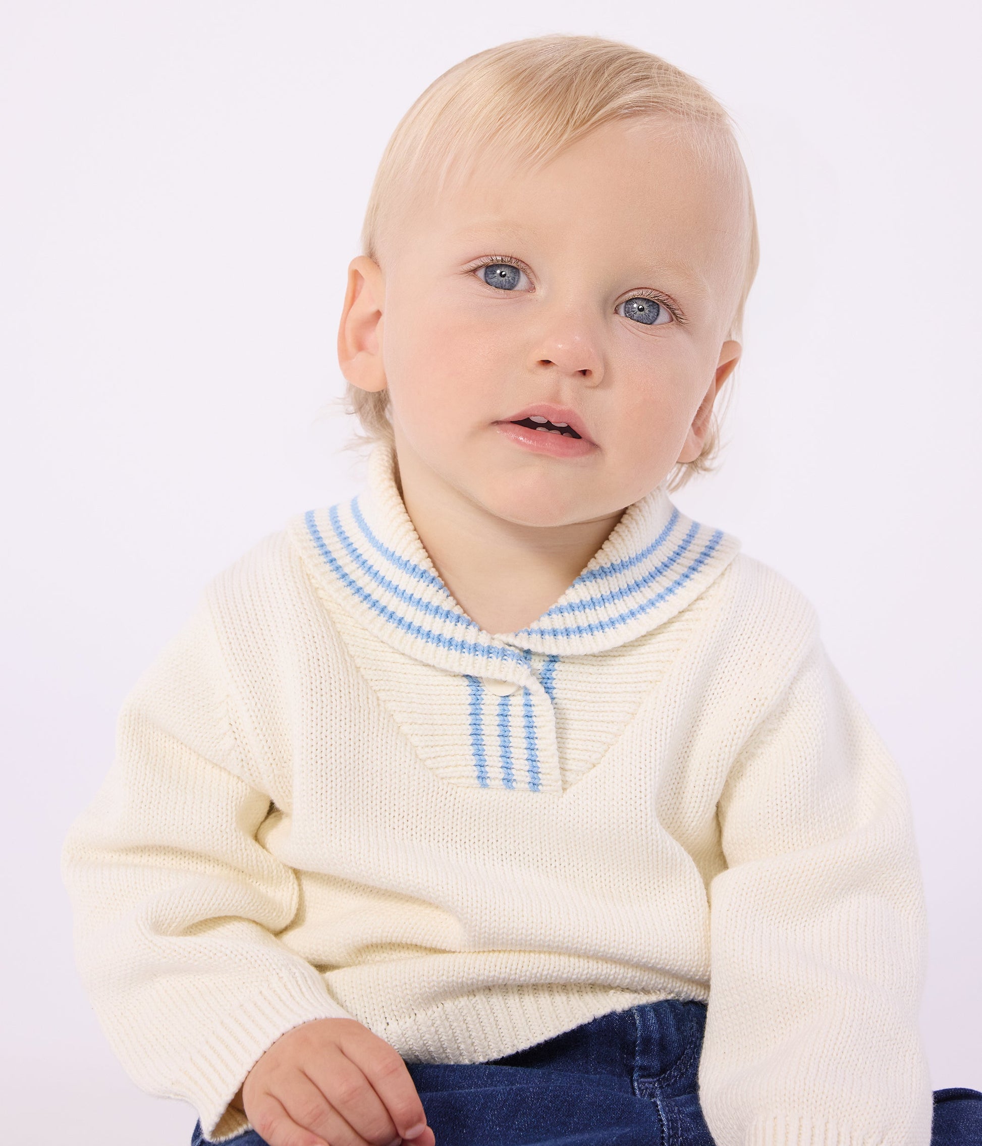 Pull bébé en coton à col châle rayé – J1