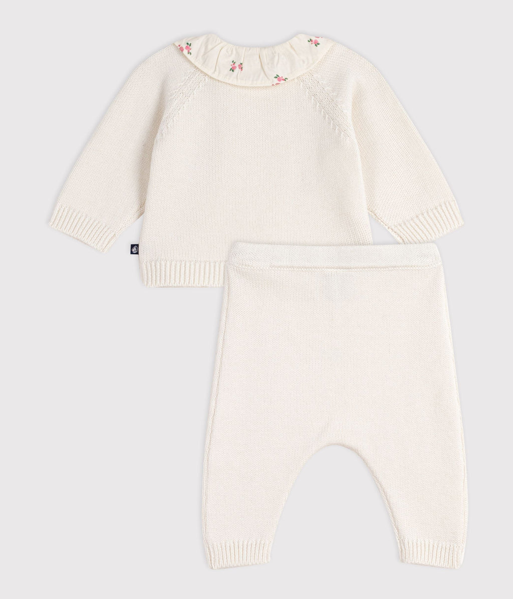 Ensemble 2 pièces bébé en laine et coton et colerette fleurie – D1