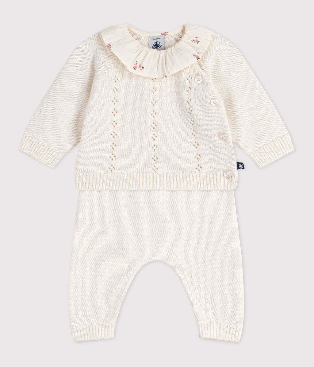 Ensemble 2 pièces bébé en laine et coton et colerette fleurie – F2
