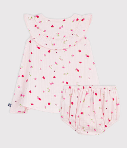 Robe bébé en coton avec son bloomer, imprimés fleurs – D1