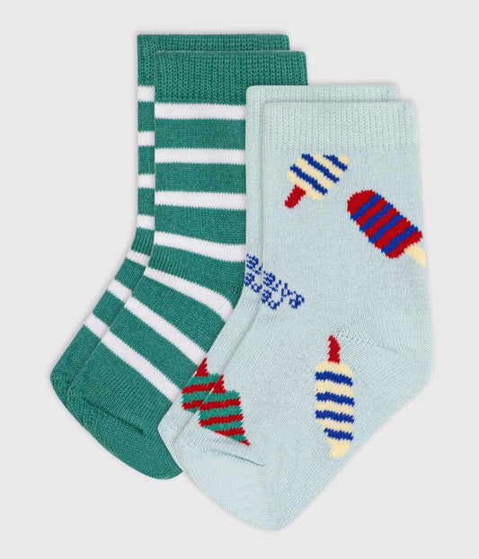 2 paires de chaussettes bébé en coton imprimé glaces et rayures – F1