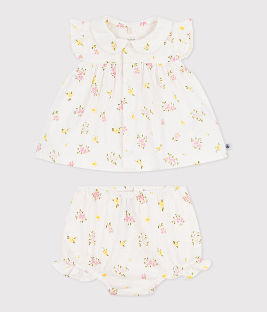 Ensemble 2 pièces bébé en coton, blouse et bloomer imprimés fleurs – F1