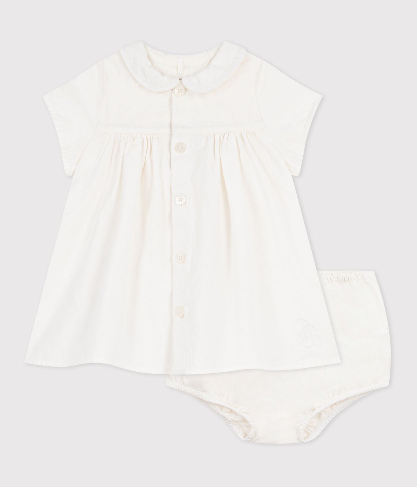 Robe bébé en coton/lin avec son bloomer, avec détail brodé – F1