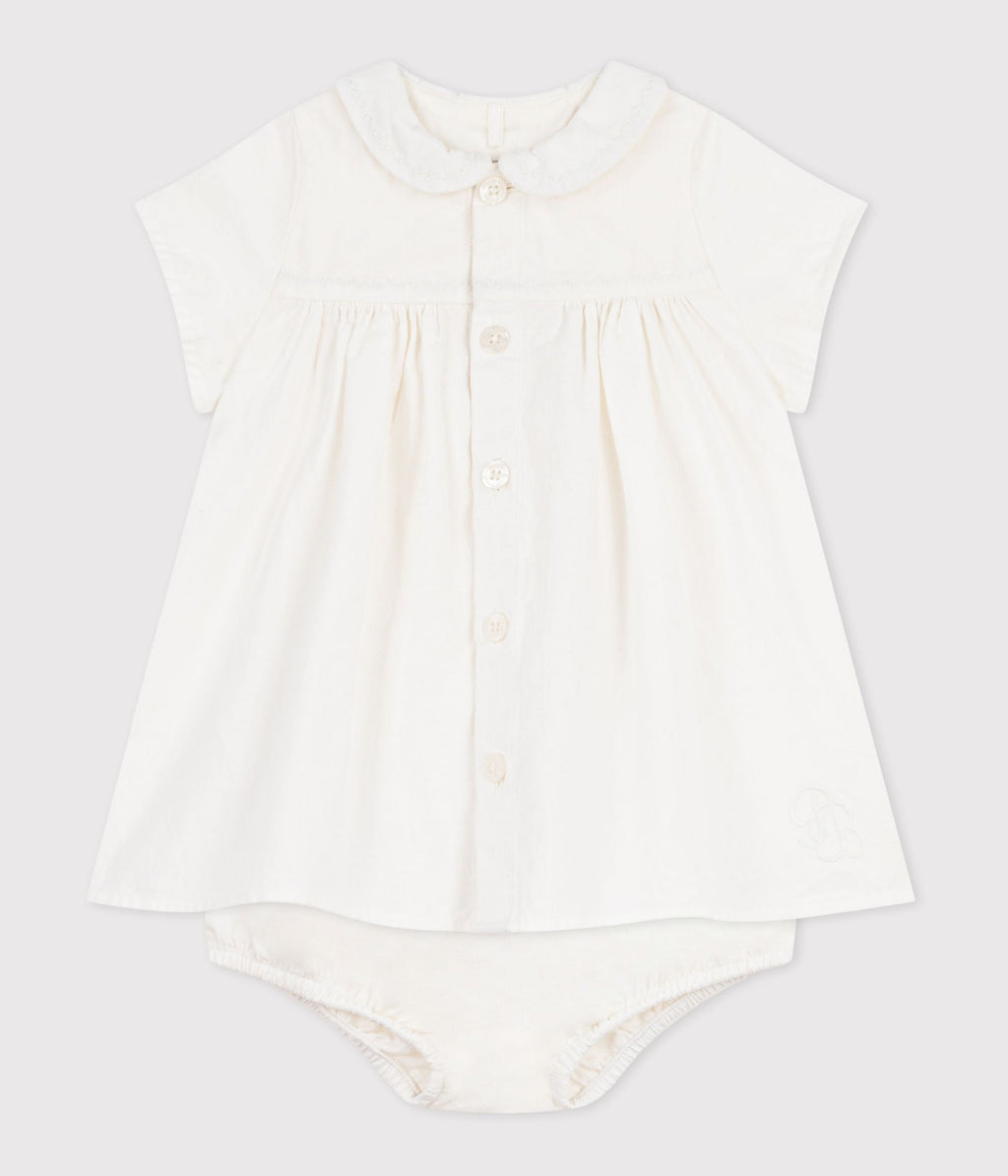 Robe bébé en coton/lin avec son bloomer, avec détail brodé – F2