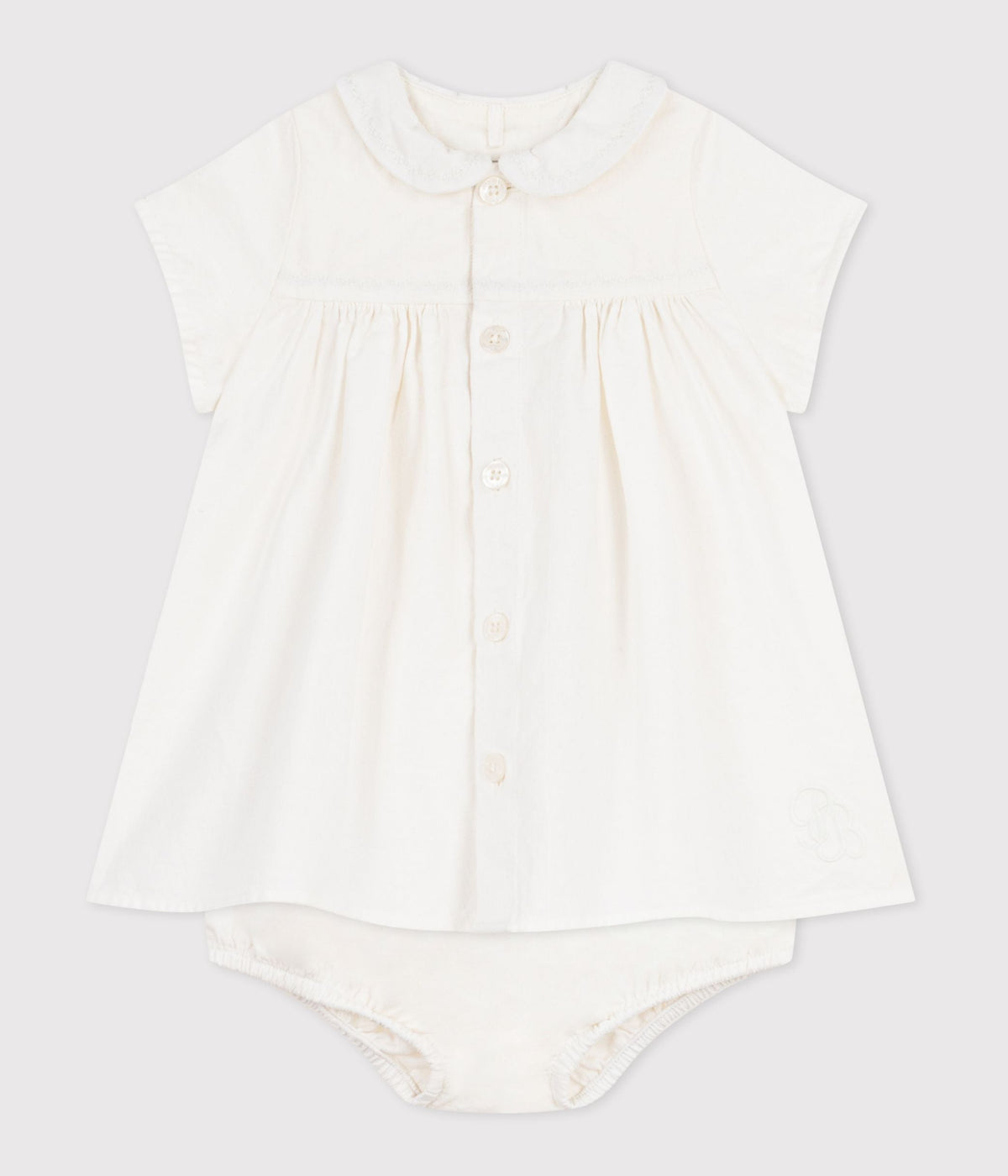 Robe bébé en coton/lin avec son bloomer, avec détail brodé – F2
