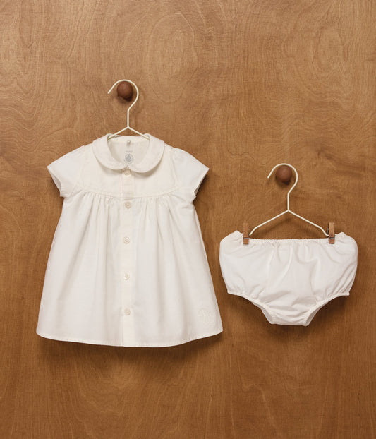 Robe bébé en coton/lin avec son bloomer, avec détail brodé – J1