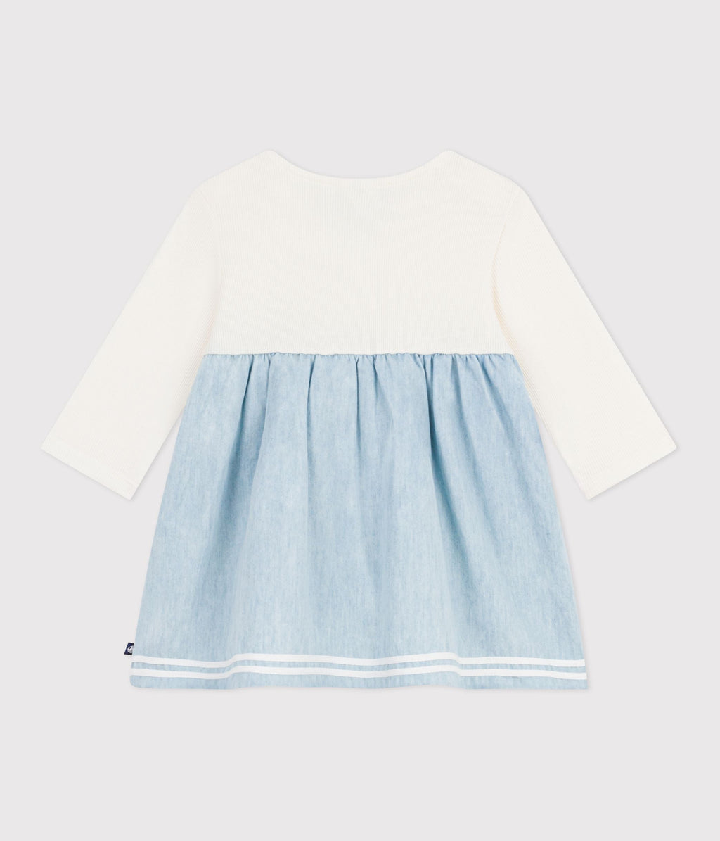 Robe bébé bi-matière manches longues, en coton et chambray – D1