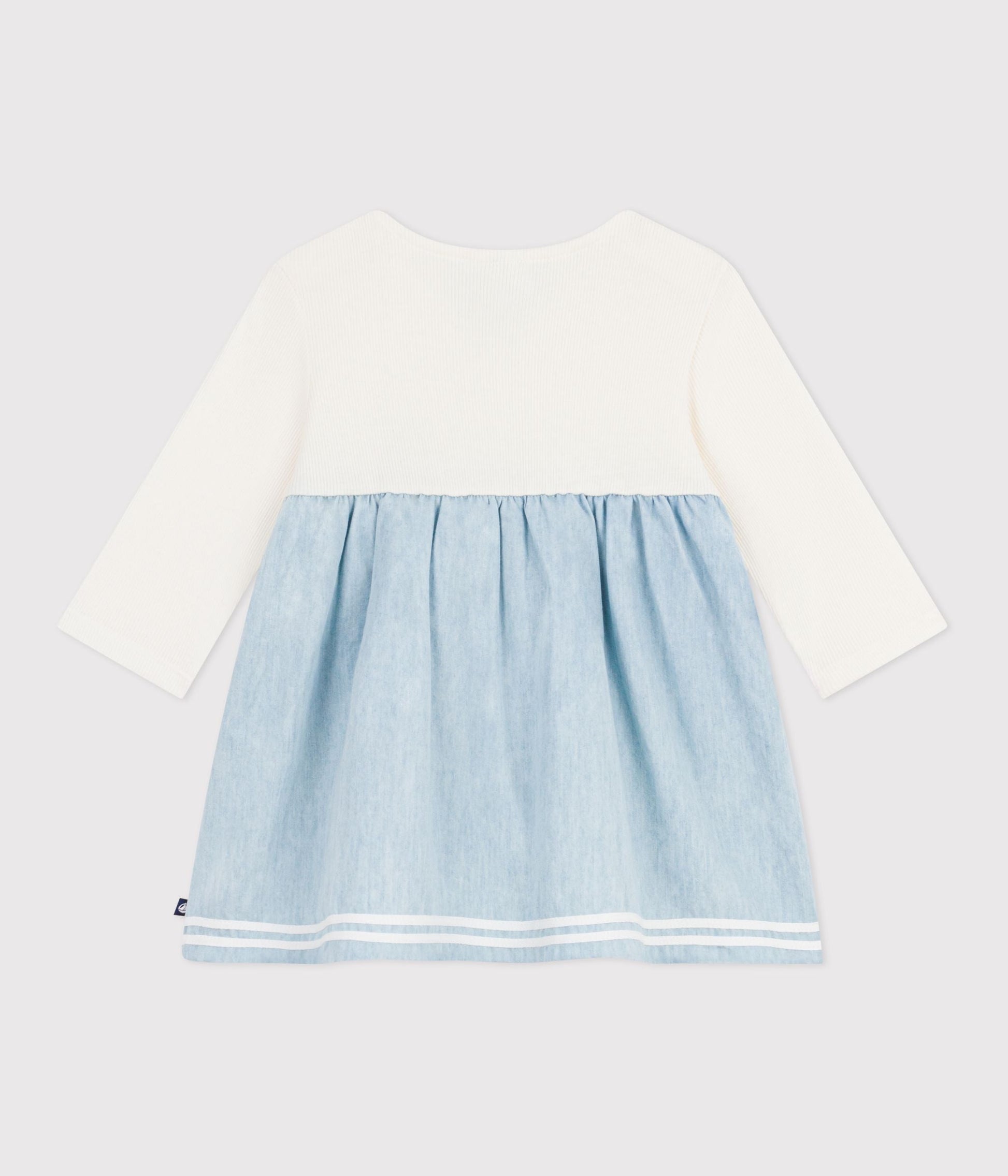 Robe bébé bi-matière manches longues, en coton et chambray – D1