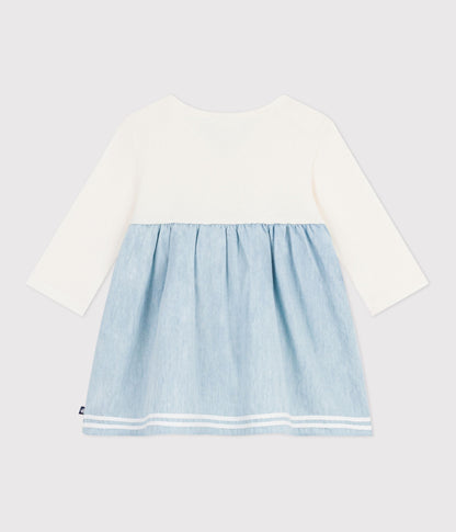 Robe bébé bi-matière manches longues, en coton et chambray – D1