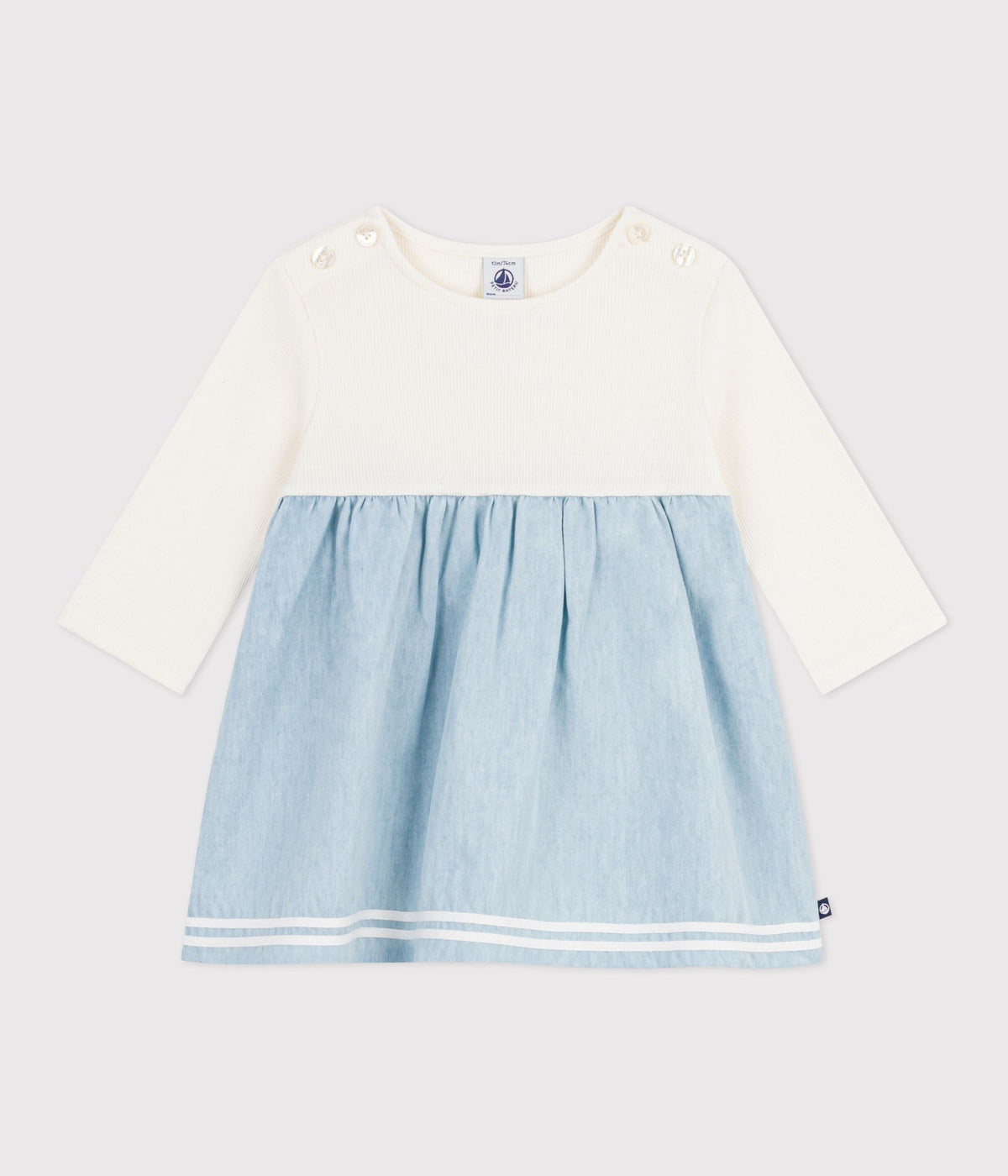 Robe bébé bi-matière manches longues, en coton et chambray – F1