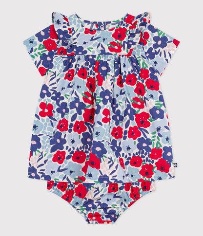 Robe bébé en coton manches courtes et son bloomer imprimés fleurs – F2
