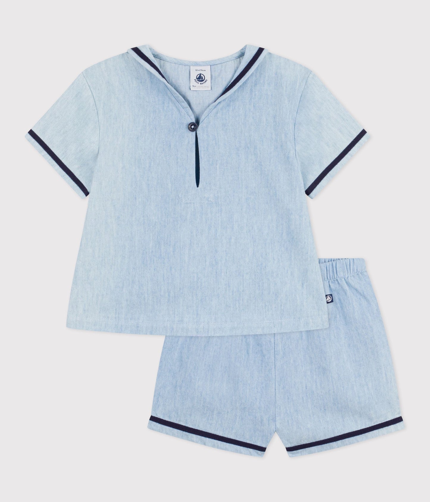 Ensemble bébé 2 pièces en chambray, tee-shirt col vareuse – F1
