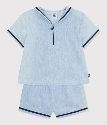 Ensemble bébé 2 pièces en chambray, tee-shirt col vareuse – F2