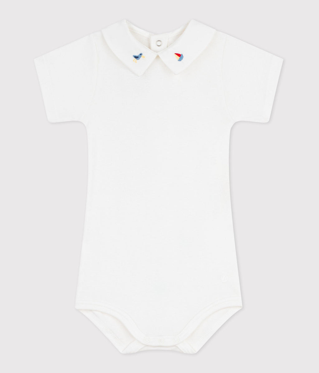 Body bébé en coton à col brodé, uni – F1