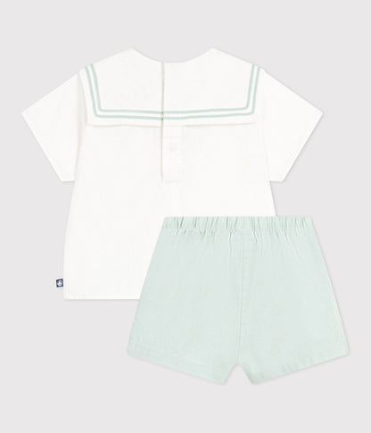 Ensemble bébé 2 pièces en coton/lin, haut col marin – D1