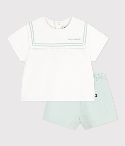 Ensemble bébé 2 pièces en coton/lin, haut col marin – F1