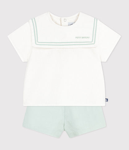 Ensemble bébé 2 pièces en coton/lin, haut col marin – F2