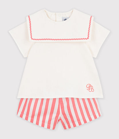 Ensemble bébé 2 pièces en coton/lin, haut col marin
