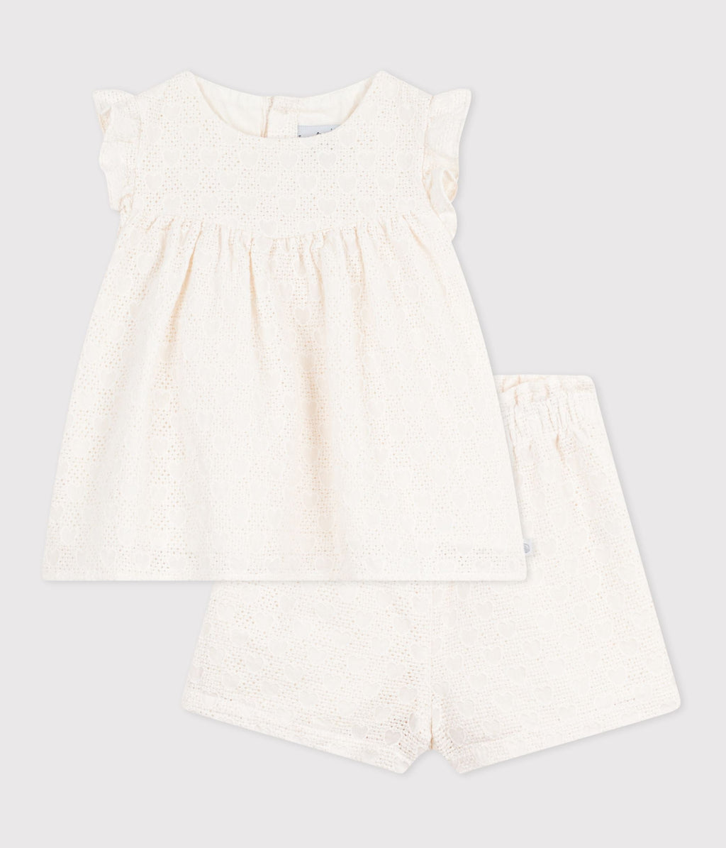 Ensemble bébé 2 pièces en broderie anglaise, motif cœurs – F1
