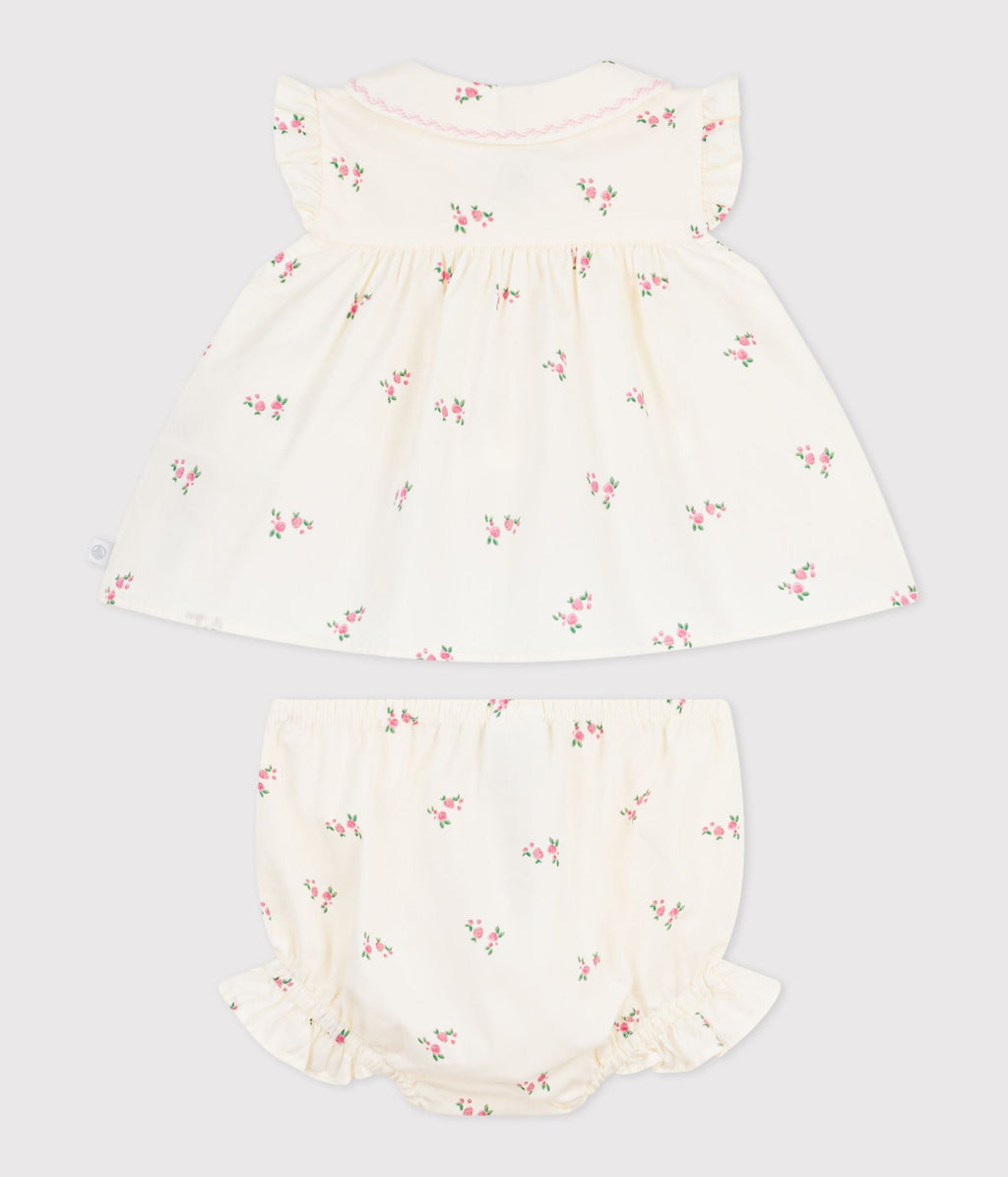 Ensemble 2 pièces bébé en coton, blouse et bloomer imprimés fleurs – D1