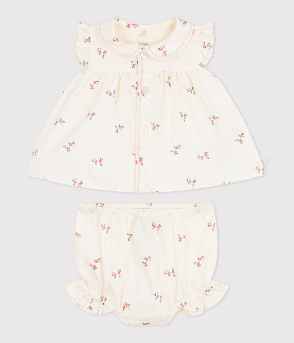 Ensemble 2 pièces bébé en coton, blouse et bloomer imprimés fleurs – F1