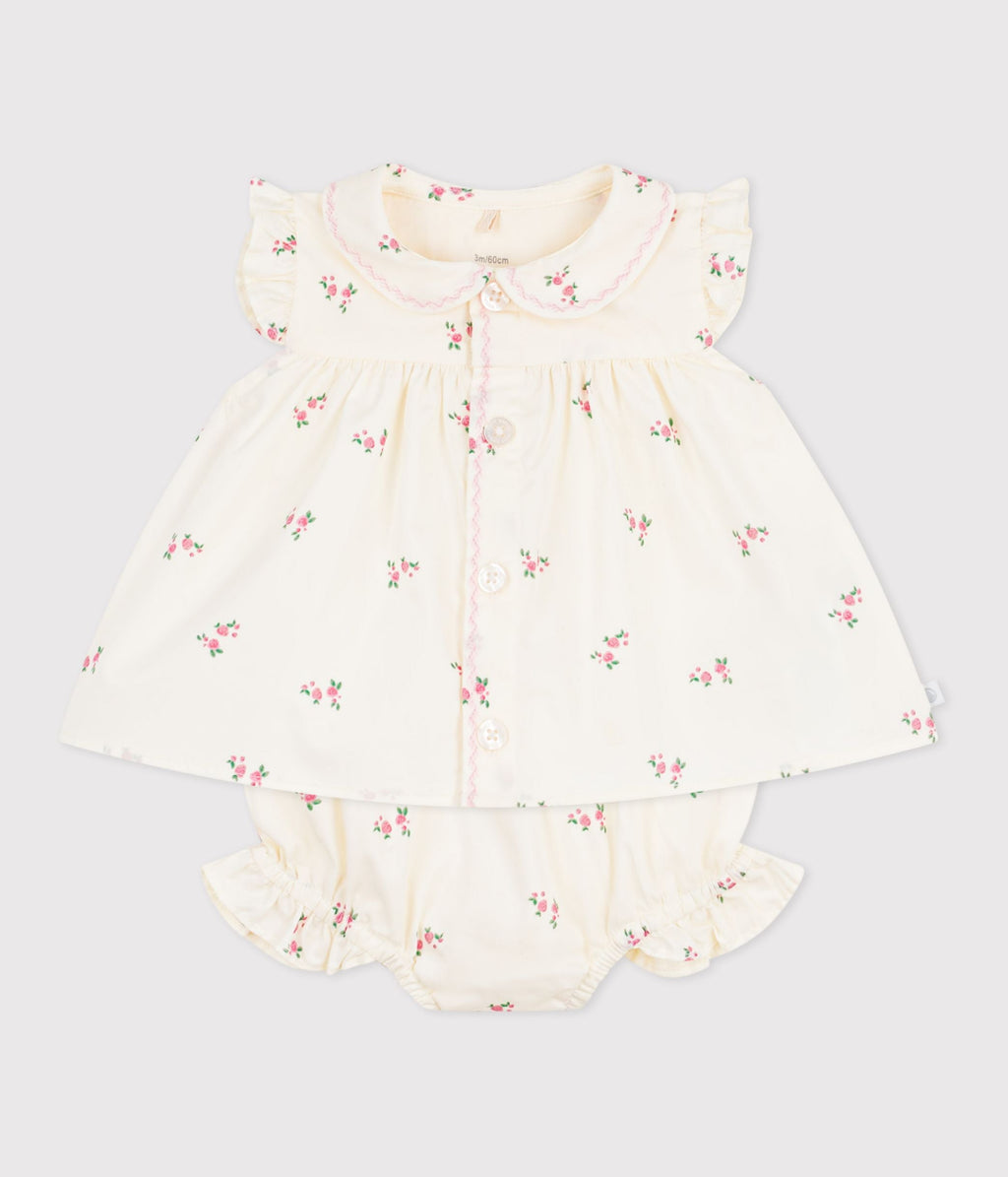 Ensemble 2 pièces bébé en coton, blouse et bloomer imprimés fleurs – F2