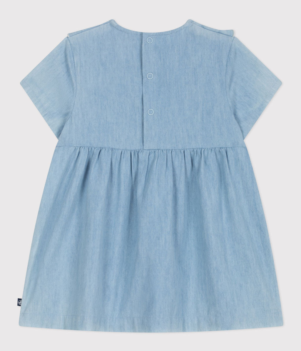 Robe bébé en coton manches courtes en chambray, brodée de cœurs – D1