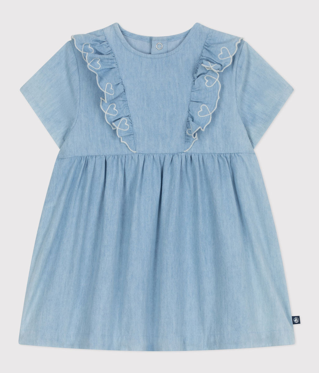 Robe bébé en coton manches courtes en chambray, brodée de cœurs – F1