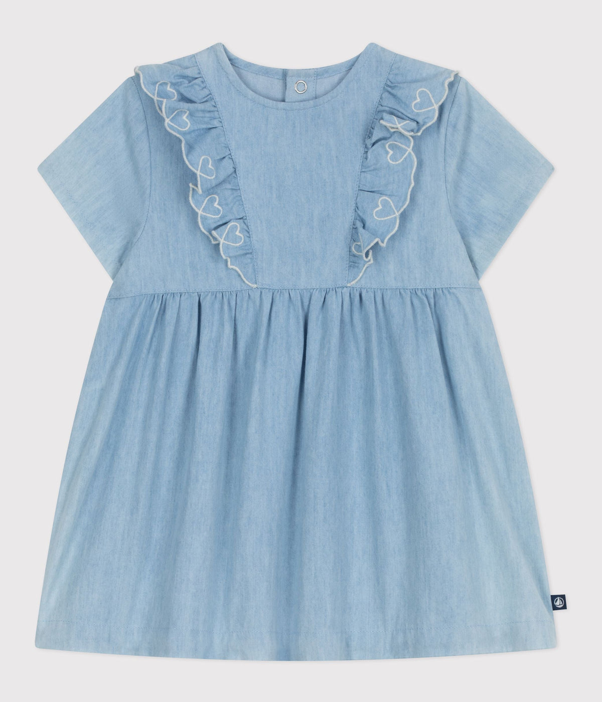 Robe bébé en coton manches courtes en chambray, brodée de cœurs – F1