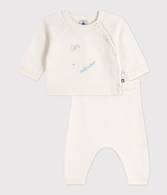 Ensemble 2 pièces bébé en tricot laine et coton et motif baleine – F1