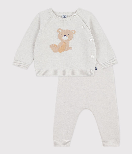 Ensemble 2 pièces bébé en tricot laine et coton et motif ourson – F1