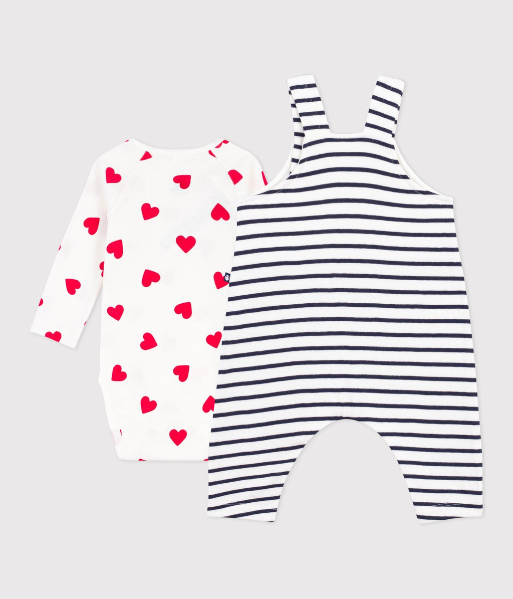 Ensemble salopette/body bébé rayé et body imprimé cœurs – D1