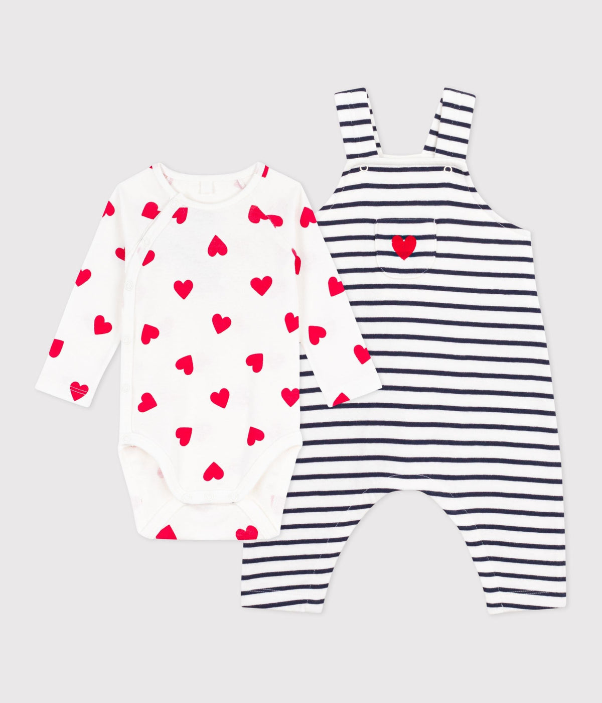 Ensemble salopette/body bébé rayé et body imprimé cœurs – F1