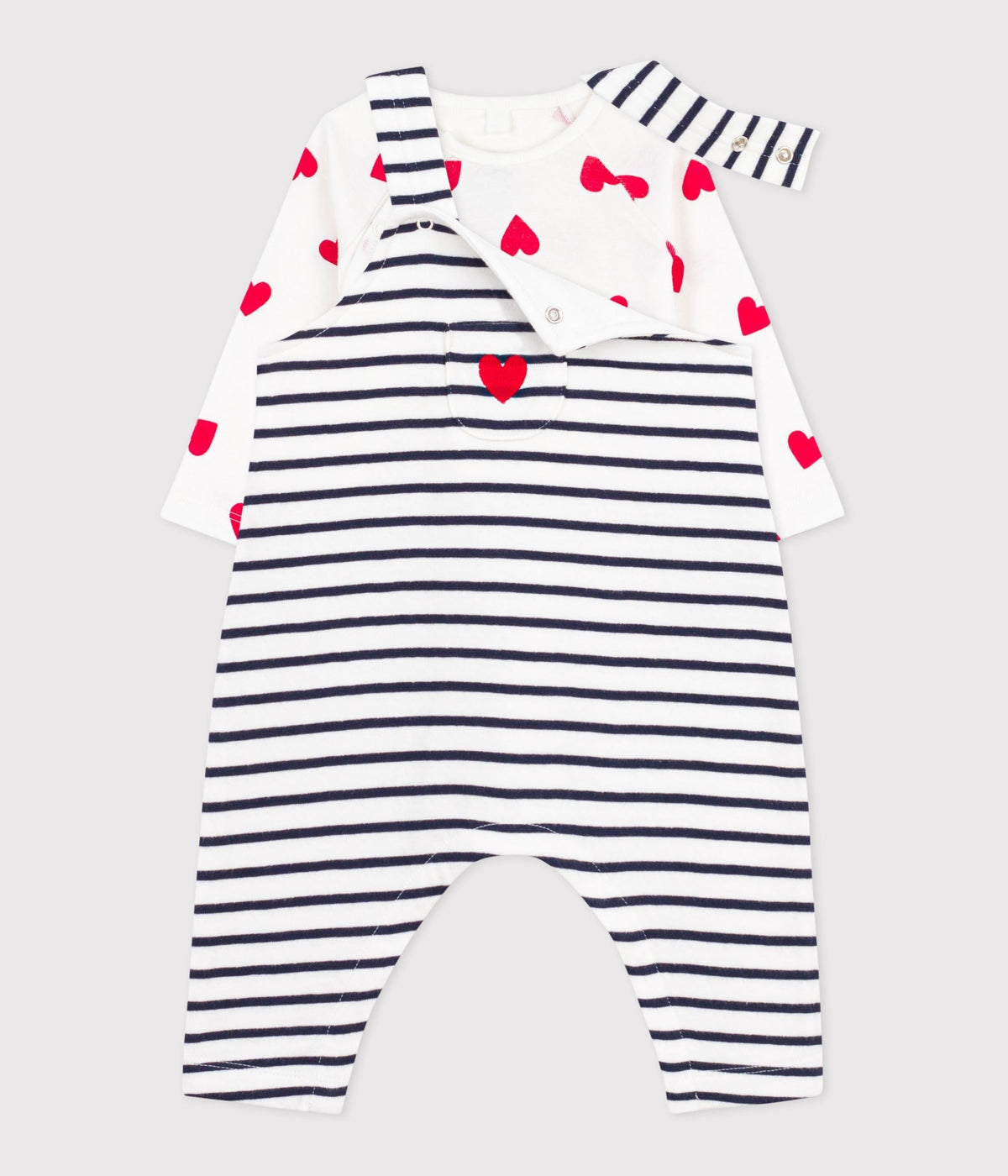Ensemble salopette/body bébé rayé et body imprimé cœurs – F2