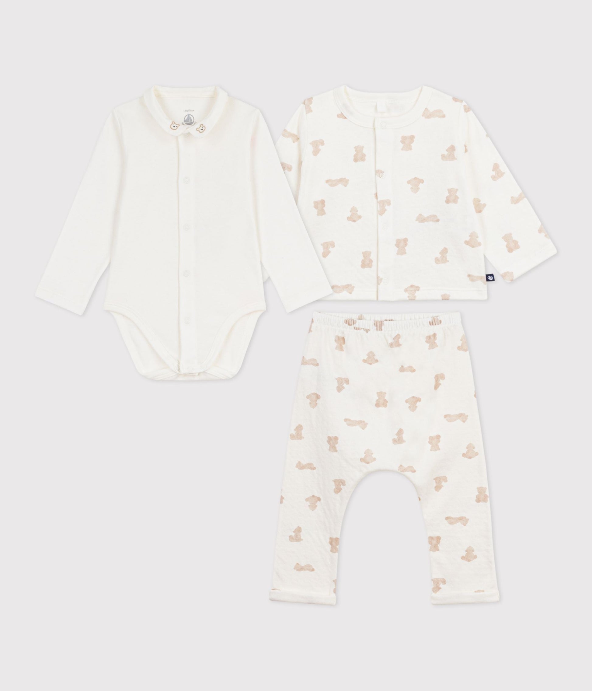 Ensemble long 3 pièces bébé en coton, imprimé oursons – F1