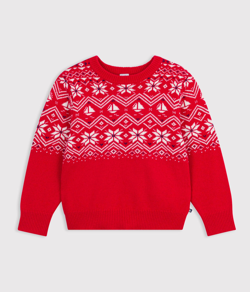 pull jacquard enfant en laine et coton rouge