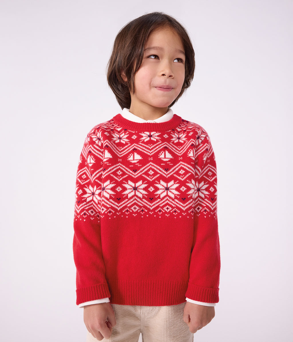 pull jacquard enfant en laine et coton rouge