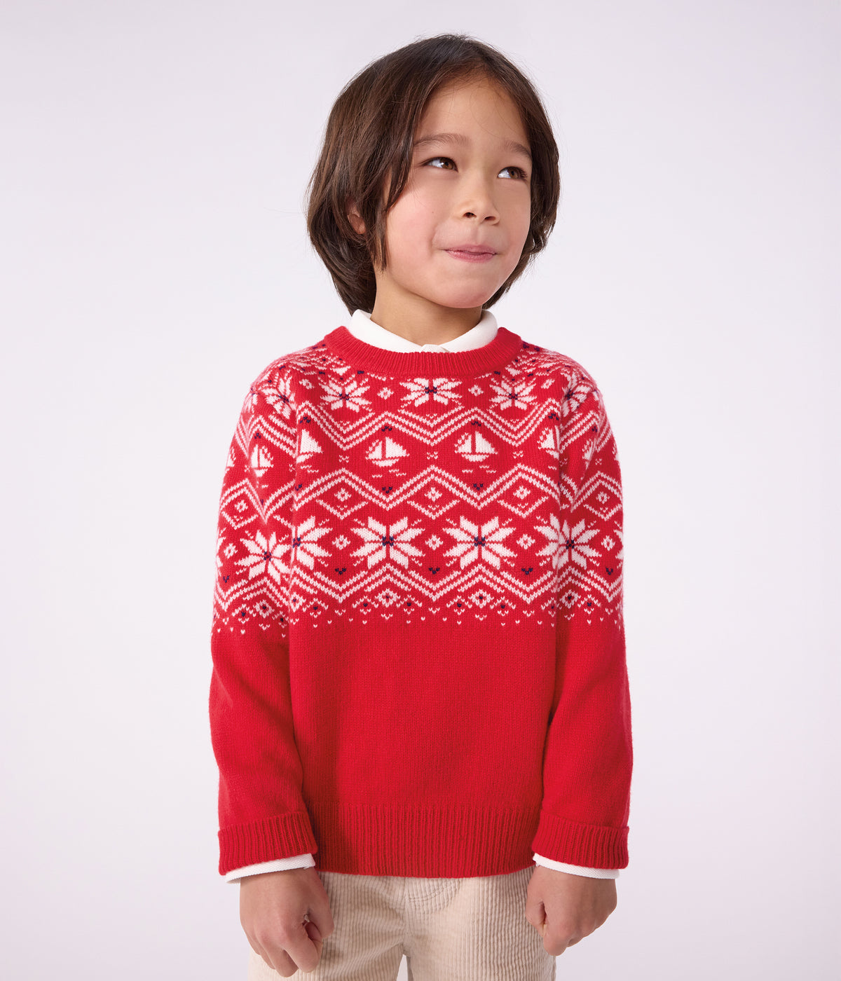 pull jacquard enfant en laine et coton rouge