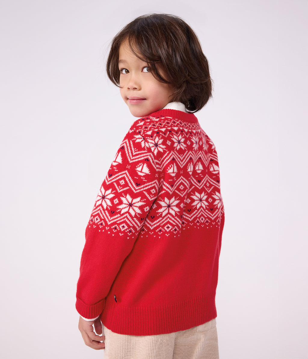 pull jacquard enfant en laine et coton rouge