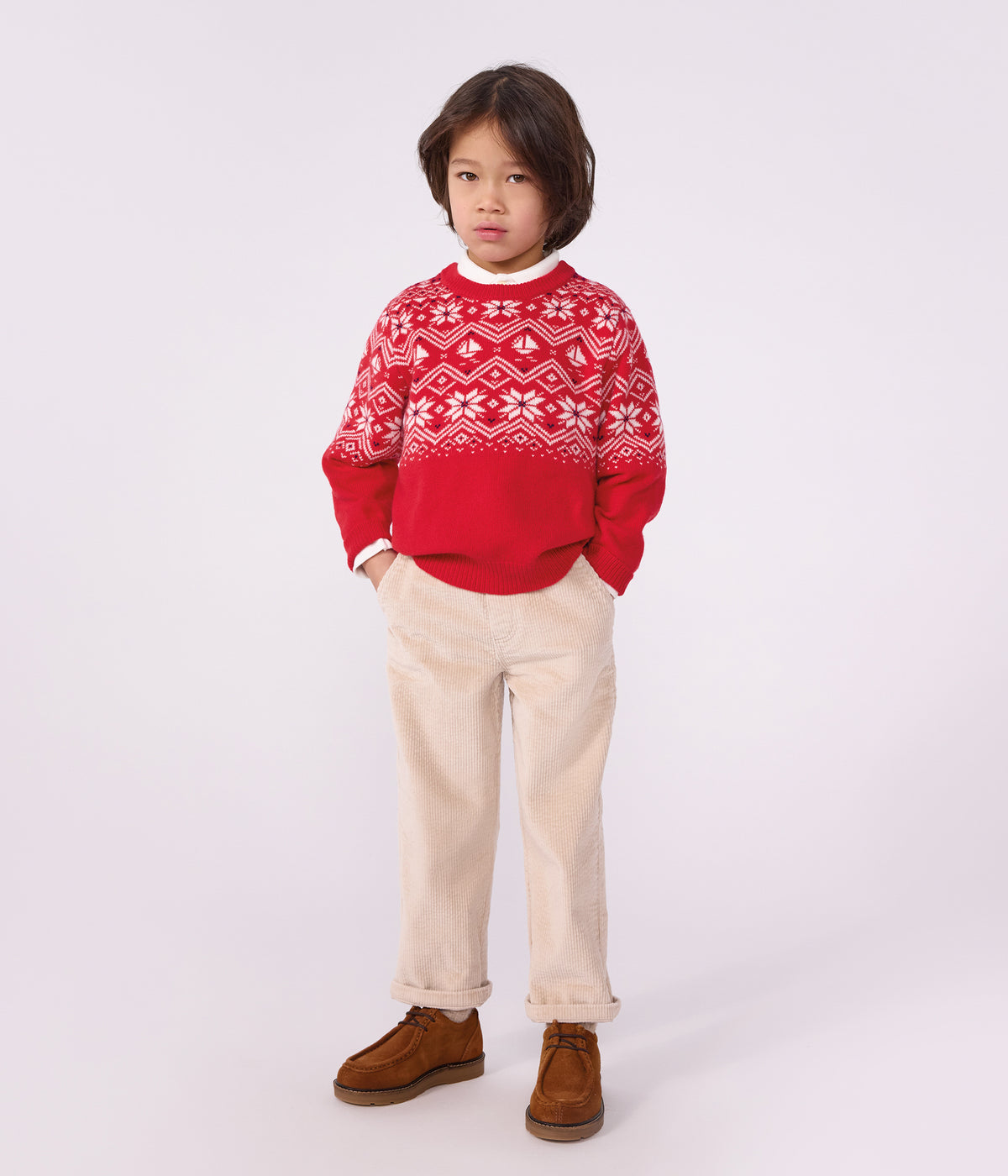 pull jacquard enfant en laine et coton rouge