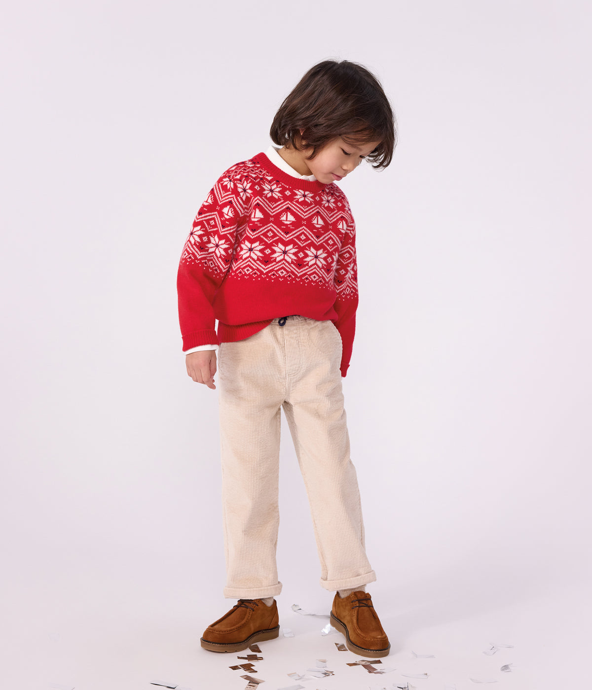 pull jacquard enfant en laine et coton rouge